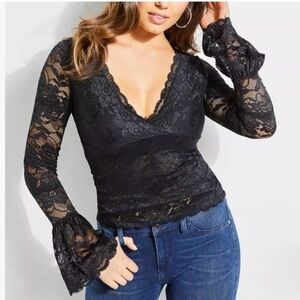 NWOT Guess Black Lace Stretch Bell Sleeve Sheer V-Neck Wrap Blouse (S)